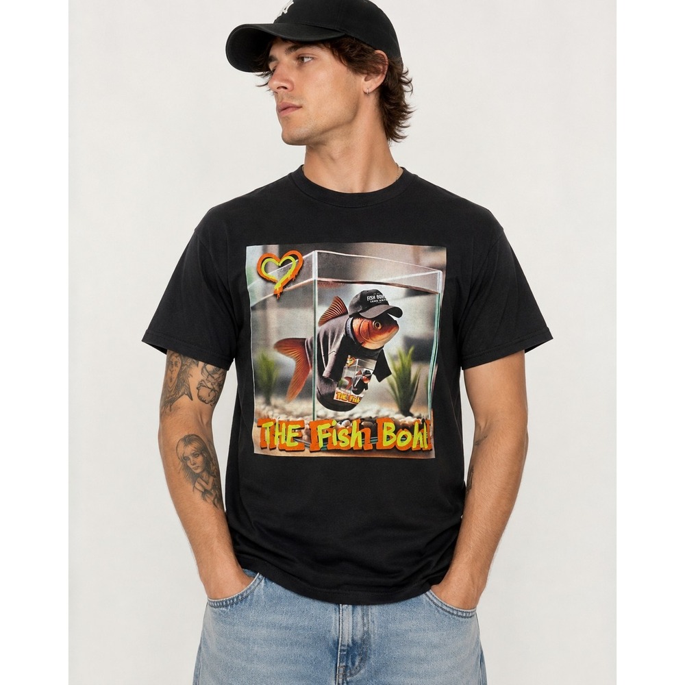 The Fish Bohl Graphic T-Shirt Adult Small Black Funny Fish Bowl Delta Cotton Tee